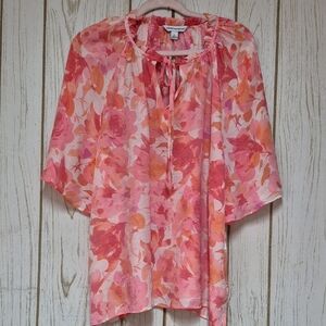 Pink Peach Orange Floral Tie-Front Top Blouse Ruffle Cap Sleeves Flowy XL NWT